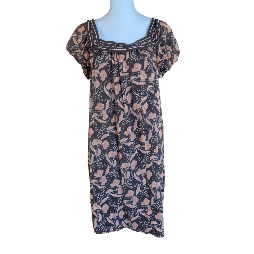 M.S.S.P. Max Studio brown and orange puffed sleeve silk dress size M